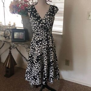 Evan Picone Black with Ivory Random Polka Dots Fit and Flare Dress